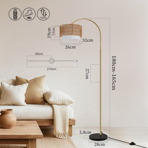 Lampadaire Boho En Rotin – Dimmable Avec Télécommande, LED E27, Vintage, Hauteur 165–180 cm