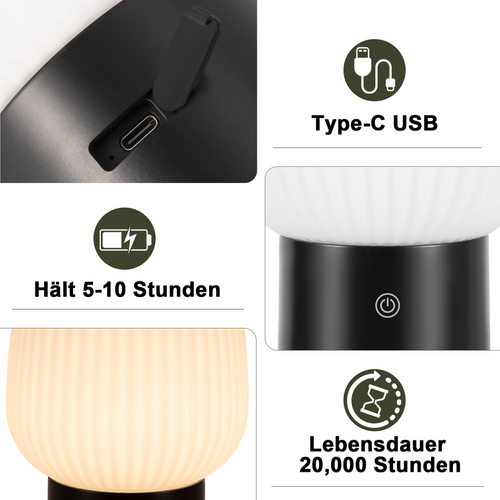 Lampe De Table LED Sans Fil Rechargeable Lampe Tactile USB, Verre Blanc, Dimmable 3000k–6500k, Ip44