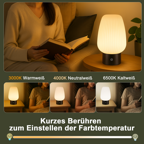 Lampe De Table LED Sans Fil Rechargeable Lampe Tactile USB, Verre Blanc, Dimmable 3000k–6500k, Ip44