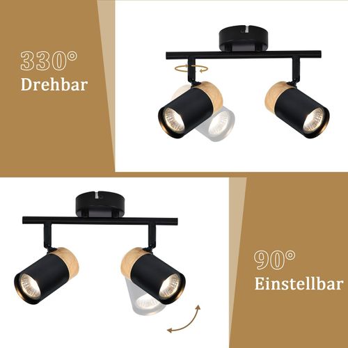 Plafonnier 2 Spots Bois Noir Gu10 Orientable 330° Salon Cuisine Garage Sans Ampoule