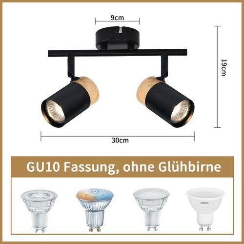 Plafonnier 2 Spots Bois Noir Gu10 Orientable 330° Salon Cuisine Garage Sans Ampoule
