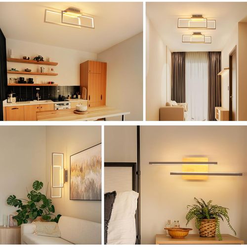 Plafonnier LED Bois 24w Rectangulaire 3000k 48cm Moderne Salon Cuisine Couloir