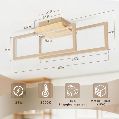 Plafonnier LED Bois 24w Rectangulaire 3000k 48cm Moderne Salon Cuisine Couloir