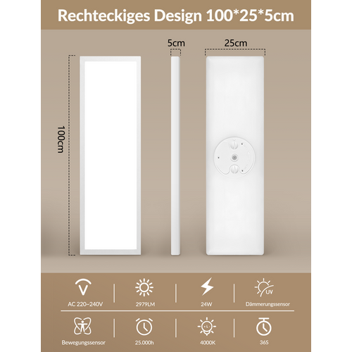 Plafond LED 24w 4000k Détecteur 100x25cm Pour Couloir/balkon