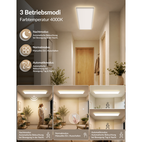 Plafond LED 24w 4000k Détecteur 100x25cm Pour Couloir/balkon