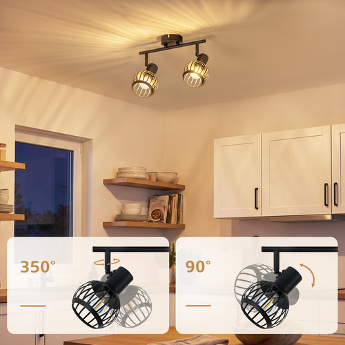 Spot Plafond 2 Lumières Vintage Noir E14 Orientable 350° Cage Métal Pour Cuisine/salon