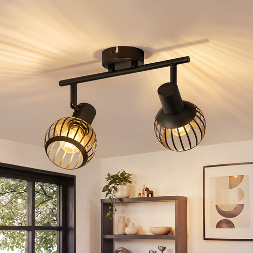 Spot Plafond 2 Lumières Vintage Noir E14 Orientable 350° Cage Métal Pour Cuisine/salon