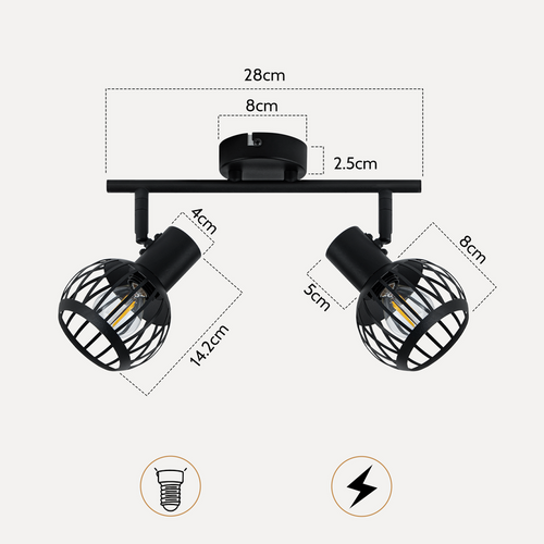 Spot Plafond 2 Lumières Vintage Noir E14 Orientable 350° Cage Métal Pour Cuisine/salon