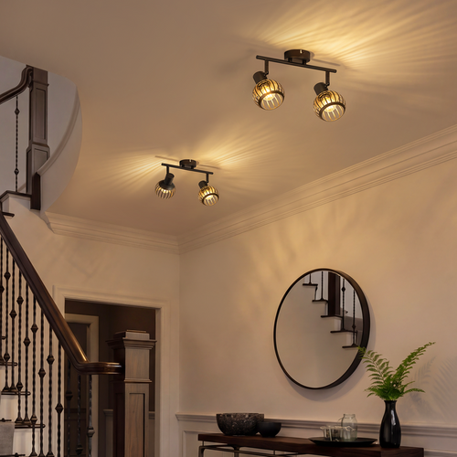 Spot Plafond 2 Lumières Vintage Noir E14 Orientable 350° Cage Métal Pour Cuisine/salon