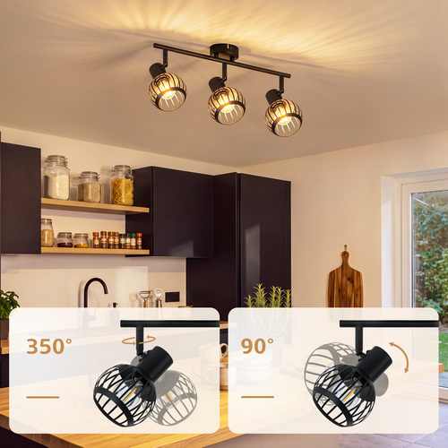 Spot Plafond 3 Lumières Vintage Noir E14 Orientable 350° Métal Pour Cuisine/salon