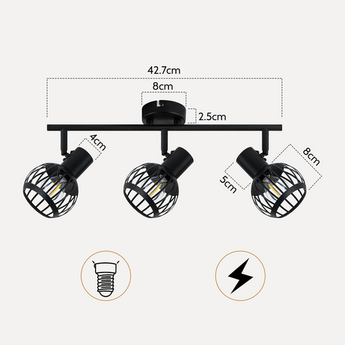 Spot Plafond 3 Lumières Vintage Noir E14 Orientable 350° Métal Pour Cuisine/salon