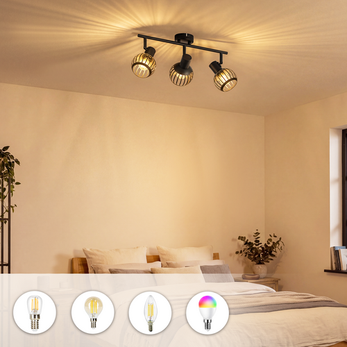 Spot Plafond 3 Lumières Vintage Noir E14 Orientable 350° Métal Pour Cuisine/salon