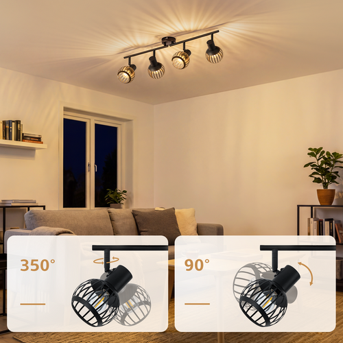 Spot Plafond 4 Lumières Vintage Noir E14 Orientable 350° Métal Pour Salon/cuisine