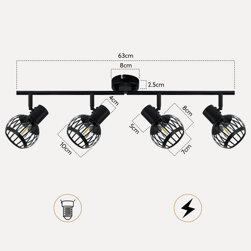 Spot Plafond 4 Lumières Vintage Noir E14 Orientable 350° Métal Pour Salon/cuisine
