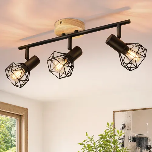 Spot Plafond 3 Lumieres Bois Noir E14 Orientable 350 Vintage Pour Couloir/salon