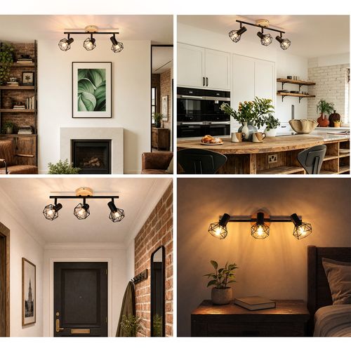 Spot Plafond 3 Lumieres Bois Noir E14 Orientable 350 Vintage Pour Couloir/salon