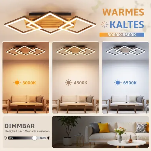Plafonnier LED Bois Plafonnier Salon Dimmable 3 Angulaire Moderne [classe énergétique E]