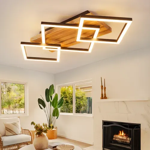 Plafonnier LED Bois Plafonnier Salon Dimmable 3 Angulaire Moderne [classe énergétique E]