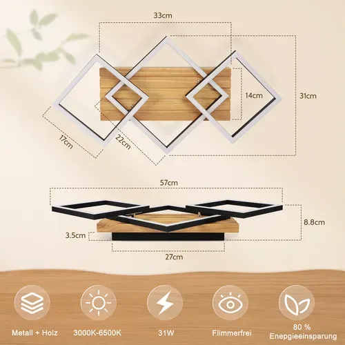 Plafonnier LED Bois Plafonnier Salon Dimmable 3 Angulaire Moderne [classe énergétique E]