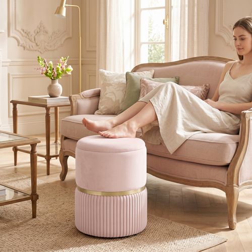 Pouf Coffre De Rangement - Velours Côtelé - Rose - 36 X 36 X 44 Cm