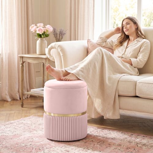 Pouf Coffre De Rangement - Velours Côtelé - Rose - 36 X 36 X 44 Cm