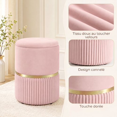 Pouf Coffre De Rangement - Velours Côtelé - Rose - 36 X 36 X 44 Cm