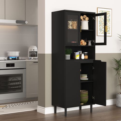 Bibliothèque Haute Mdf Noire 160x60x35 Cm Avec Portes Vitrées Et étagères Réglables