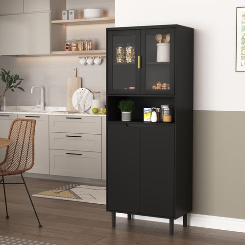 Bibliothèque Haute Mdf Noire 160x60x35 Cm Avec Portes Vitrées Et étagères Réglables