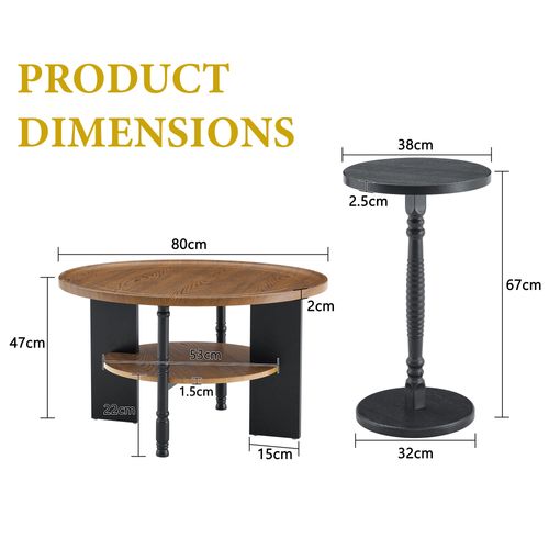 Table Basse Ronde Avec Rangement - Mdf - Noyer - 80x80x47 Cm Et 38x38x67 Cm