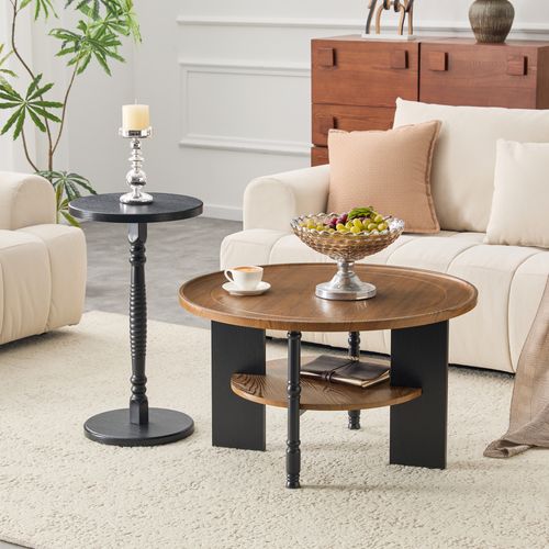 Table Basse Ronde Avec Rangement - Mdf - Noyer - 80x80x47 Cm Et 38x38x67 Cm