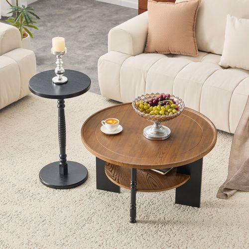 Table Basse Ronde Avec Rangement - Mdf - Noyer - 80x80x47 Cm Et 38x38x67 Cm
