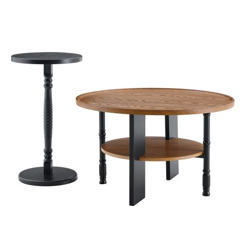 Table Basse Ronde Avec Rangement - Mdf - Noyer - 80x80x47 Cm Et 38x38x67 Cm