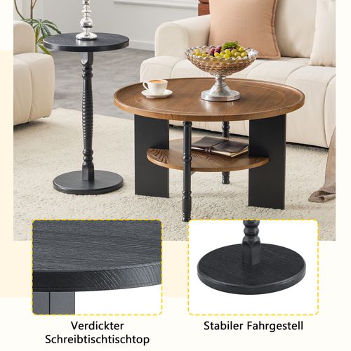Table Basse Ronde Avec Rangement - Mdf - Noyer - 80x80x47 Cm Et 38x38x67 Cm