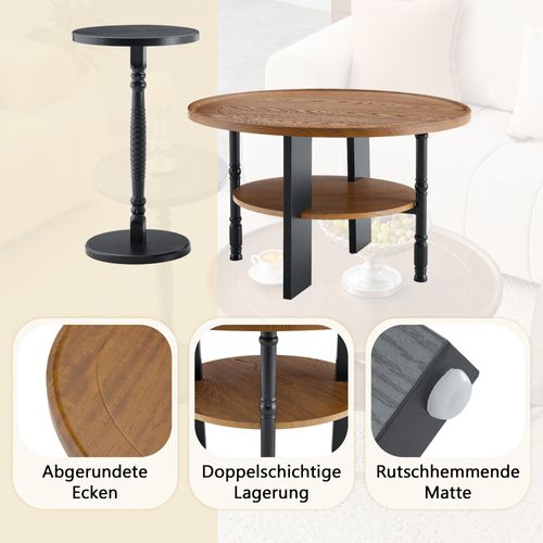 Table Basse Ronde Avec Rangement - Mdf - Noyer - 80x80x47 Cm Et 38x38x67 Cm