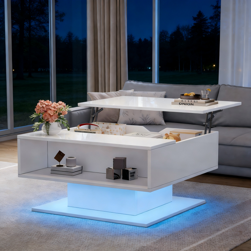 Table Basse Relevable Avec LED Et Rangement - Mdf - Blanc - 80x75x40 Cm