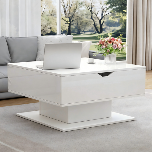 Table Basse Relevable Avec LED Et Rangement - Mdf - Blanc - 80x75x40 Cm