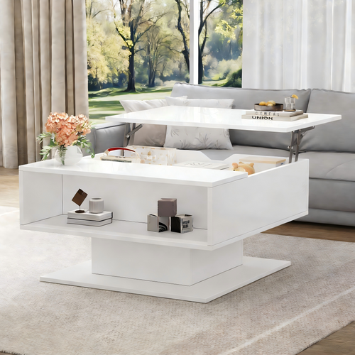 Table Basse Relevable Avec LED Et Rangement - Mdf - Blanc - 80x75x40 Cm