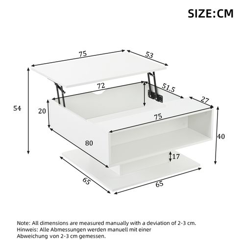 Table Basse Relevable Avec LED Et Rangement - Mdf - Blanc - 80x75x40 Cm