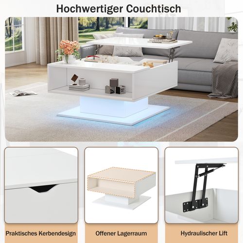 Table Basse Relevable Avec LED Et Rangement - Mdf - Blanc - 80x75x40 Cm