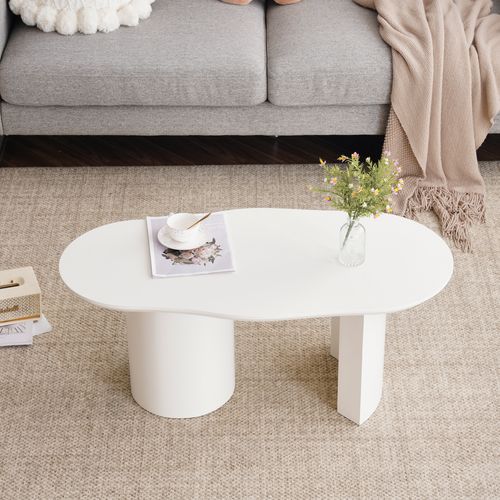 Table Basse Irrégulière Avec Surface Laquée - Mdf - Blanc - 100x50x40,5 Cm