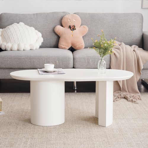 Table Basse Irrégulière Avec Surface Laquée - Mdf - Blanc - 100x50x40,5 Cm