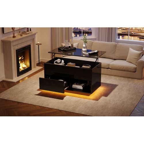 Table Basse Relevable Avec Rangement Et LED - Mdf - Noir - 100x50x55 Cm