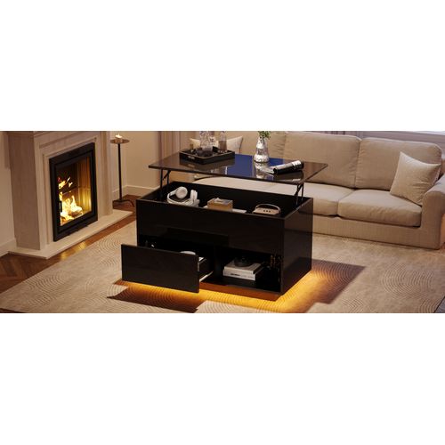 Table Basse Relevable Avec Rangement Et LED - Mdf - Noir - 100x50x55 Cm