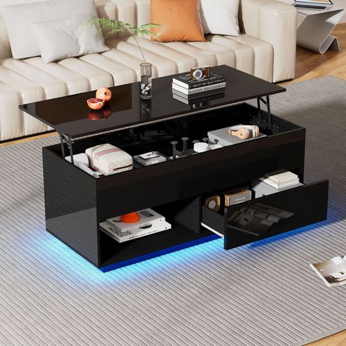 Table Basse Relevable Avec Rangement Et LED - Mdf - Noir - 100x50x55 Cm