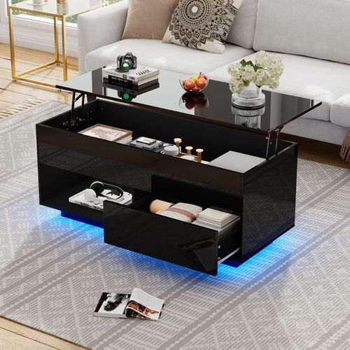 Table Basse Relevable Avec Rangement Et LED - Mdf - Noir - 100x50x55 Cm