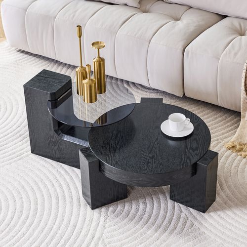 Table Basse Modulable Avec Rangement - Mdf Et Verre - Noir Et Gris - 61x61x30 Cm