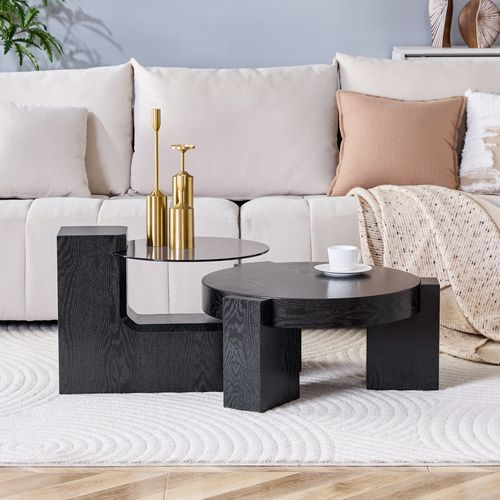 Table Basse Modulable Avec Rangement - Mdf Et Verre - Noir Et Gris - 61x61x30 Cm