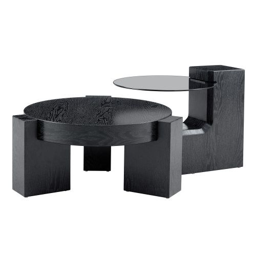 Table Basse Modulable Avec Rangement - Mdf Et Verre - Noir Et Gris - 61x61x30 Cm