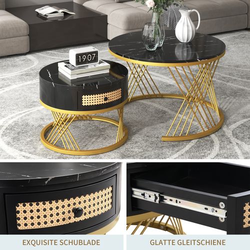 Table Basse Lot De 2 Avec Tiroir - Mdf - Noir Et Or - 70x70x45,5/50x50x38,5 Cm