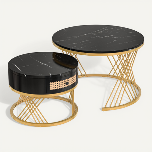 Table Basse Lot De 2 Avec Tiroir - Mdf - Noir Et Or - 70x70x45,5/50x50x38,5 Cm